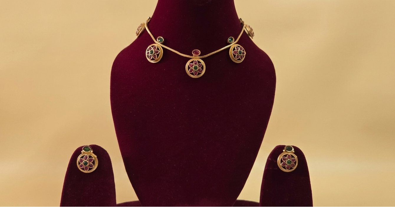 Floral Motif Pendant Necklace with Earrings