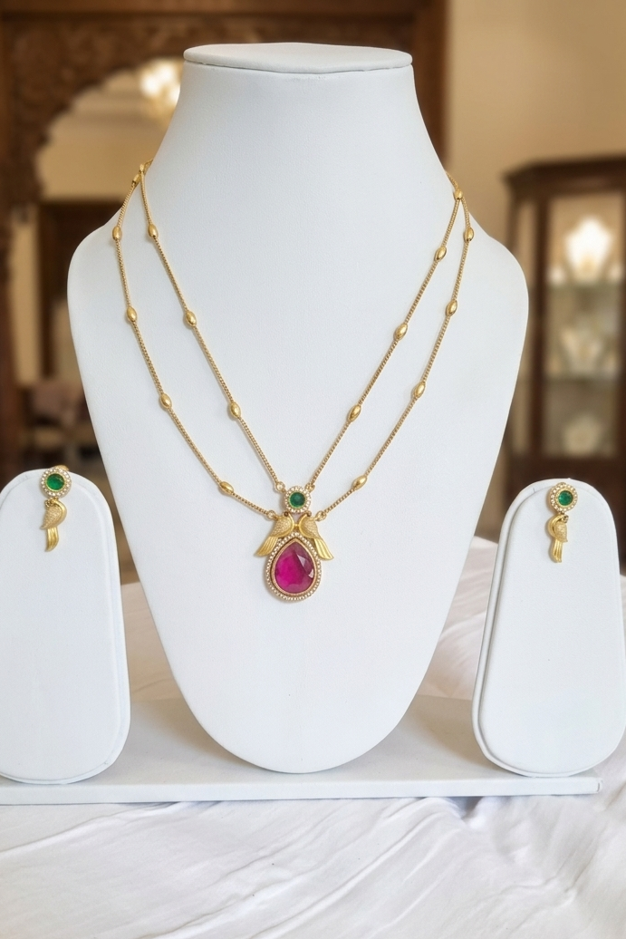Ruby Pendant Layer Maala with Earrings