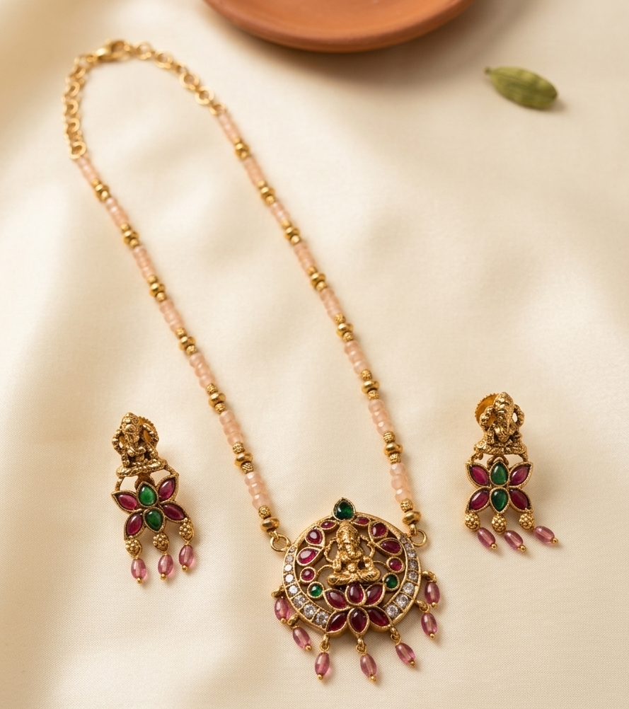 Ganapati Pendant Crystal Chain with Earrings