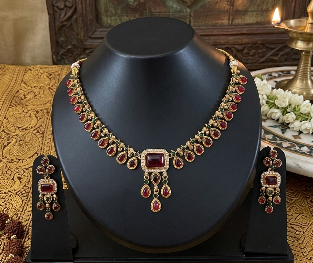 Rani Red Gemstone Necklace with Earrings
