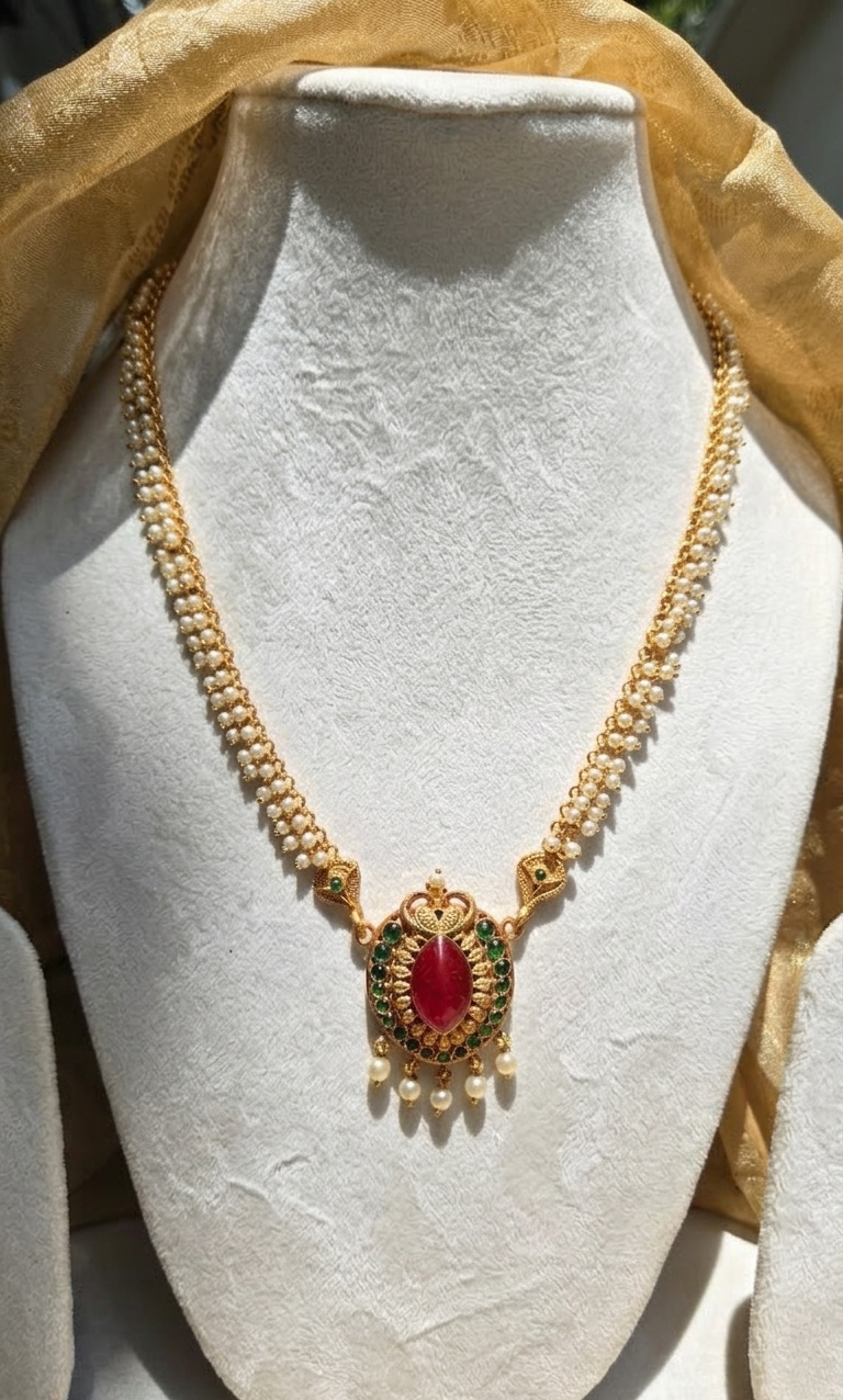 Pearl Chandrika Haaram with Red Gemstone Pendant and Earrings