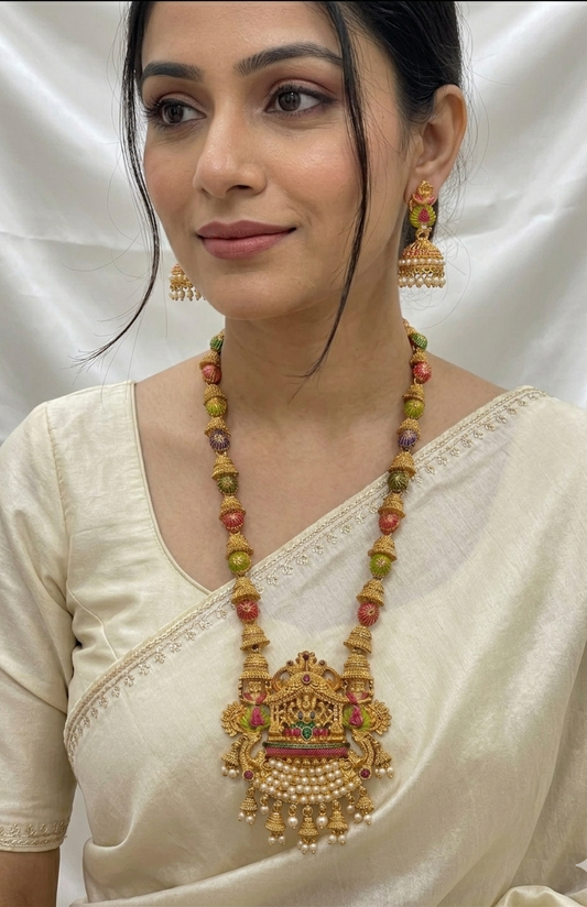 Meenakari Temple Haaram with Lakshmi Pendant and Jhumka Earrings