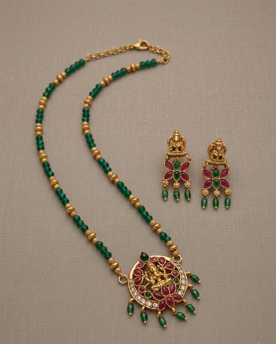 Ganapati Pendant Crystal Chain with Earrings
