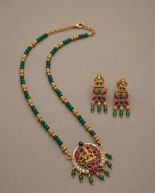 Ganapati Pendant Crystal Chain with Earrings