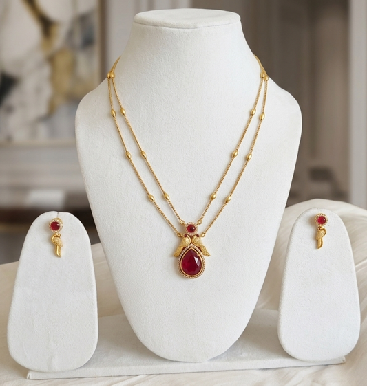 Ruby Pendant Layer Maala with Earrings
