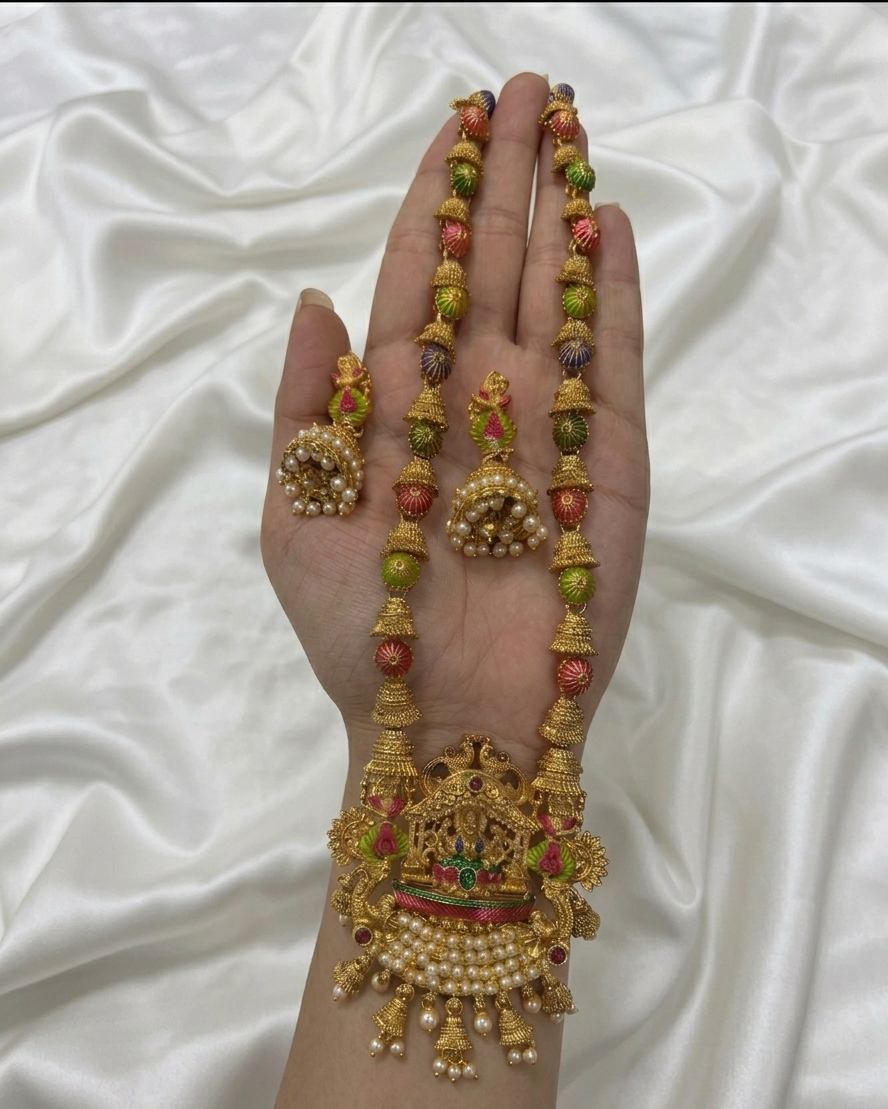 Meenakari Temple Haaram with Lakshmi Pendant and Jhumka Earrings