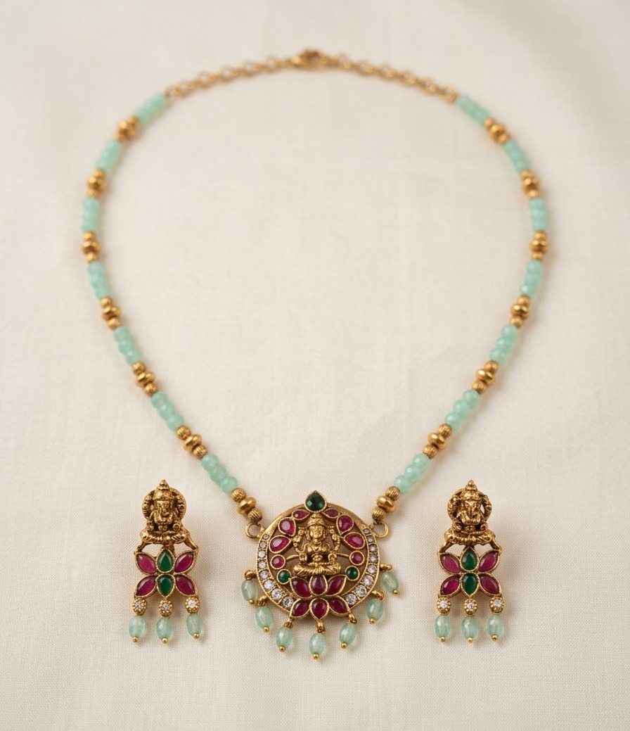 Ganapati Pendant Crystal Chain with Earrings