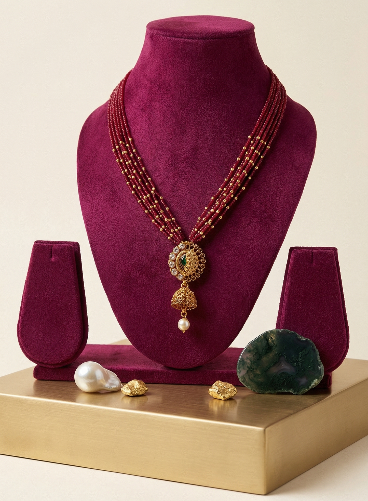 Red and Green Beaded Haaram with Pendant
