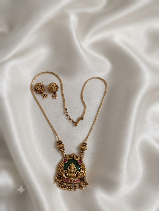 Lakshmi Emerald Enamel Pendant Chain with Earrings