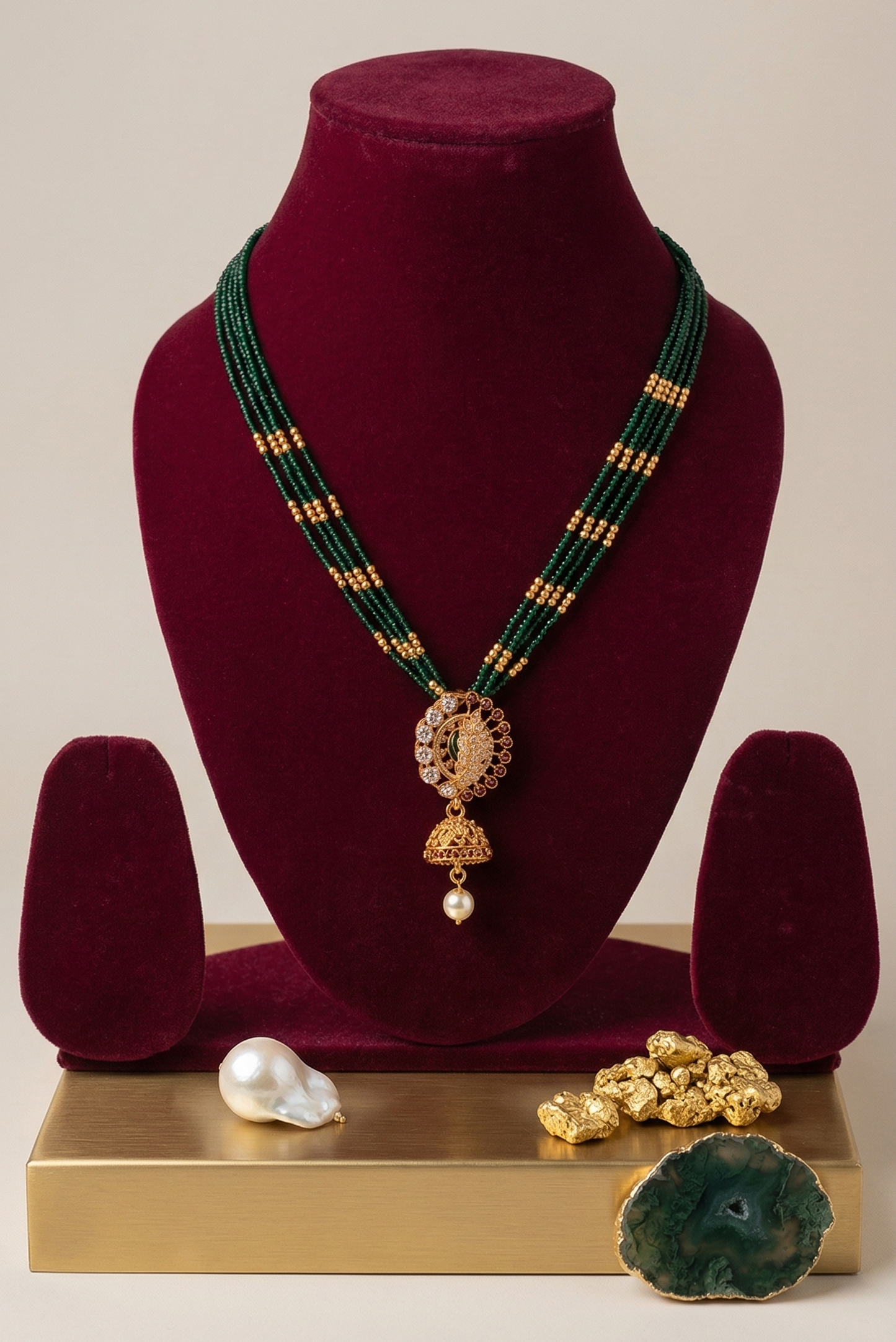 Red and Green Beaded Haaram with Pendant
