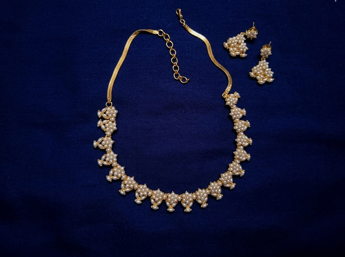 White Beaded Necklace with Earrings