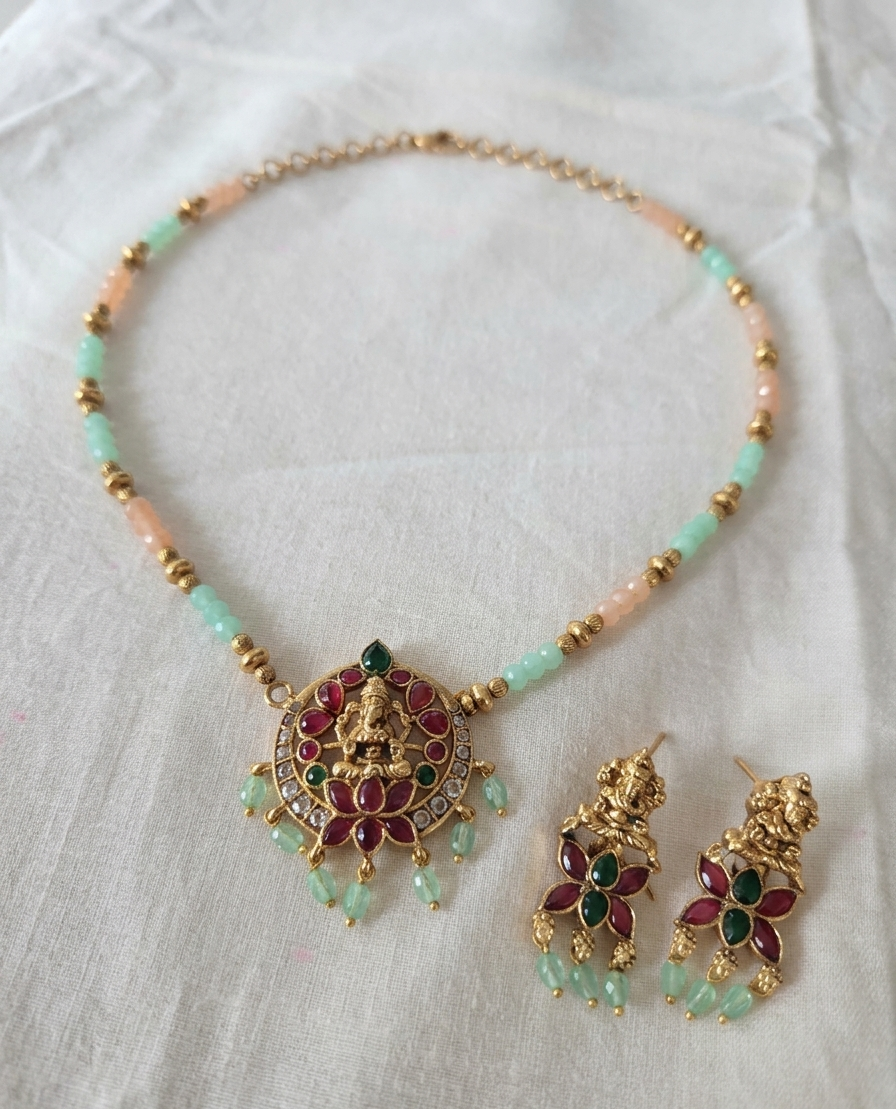 Ganapati Pendant Crystal Chain with Earrings